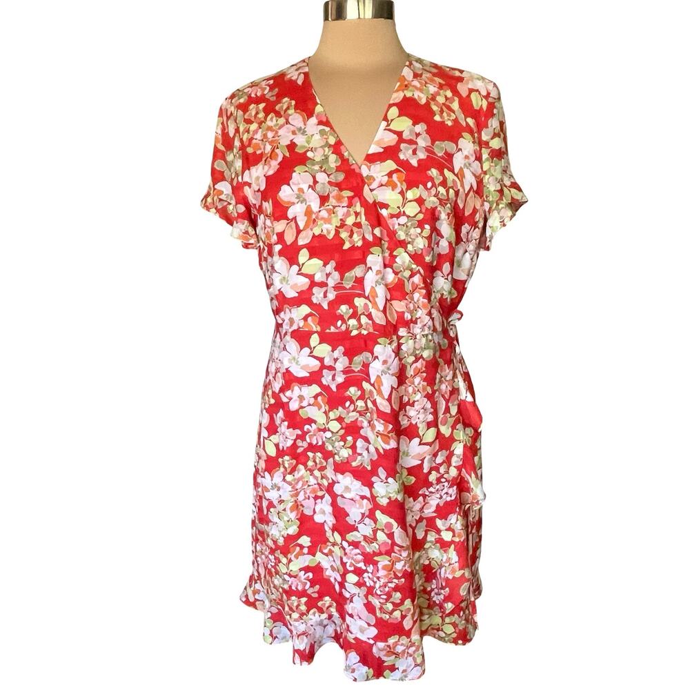 J.Jill Papaya Red Floral Wrap Dress Ruffled‎ Hem & Sleeve MEDIUM Resort Vacation